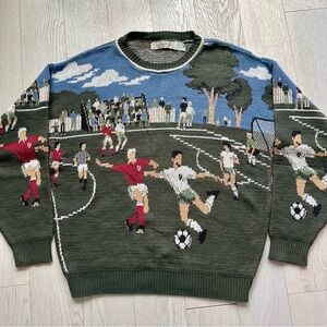 Vintage 90s Crossings Soccer Futbol Theme Intarsia Knit 100% Cotton Sweater Top